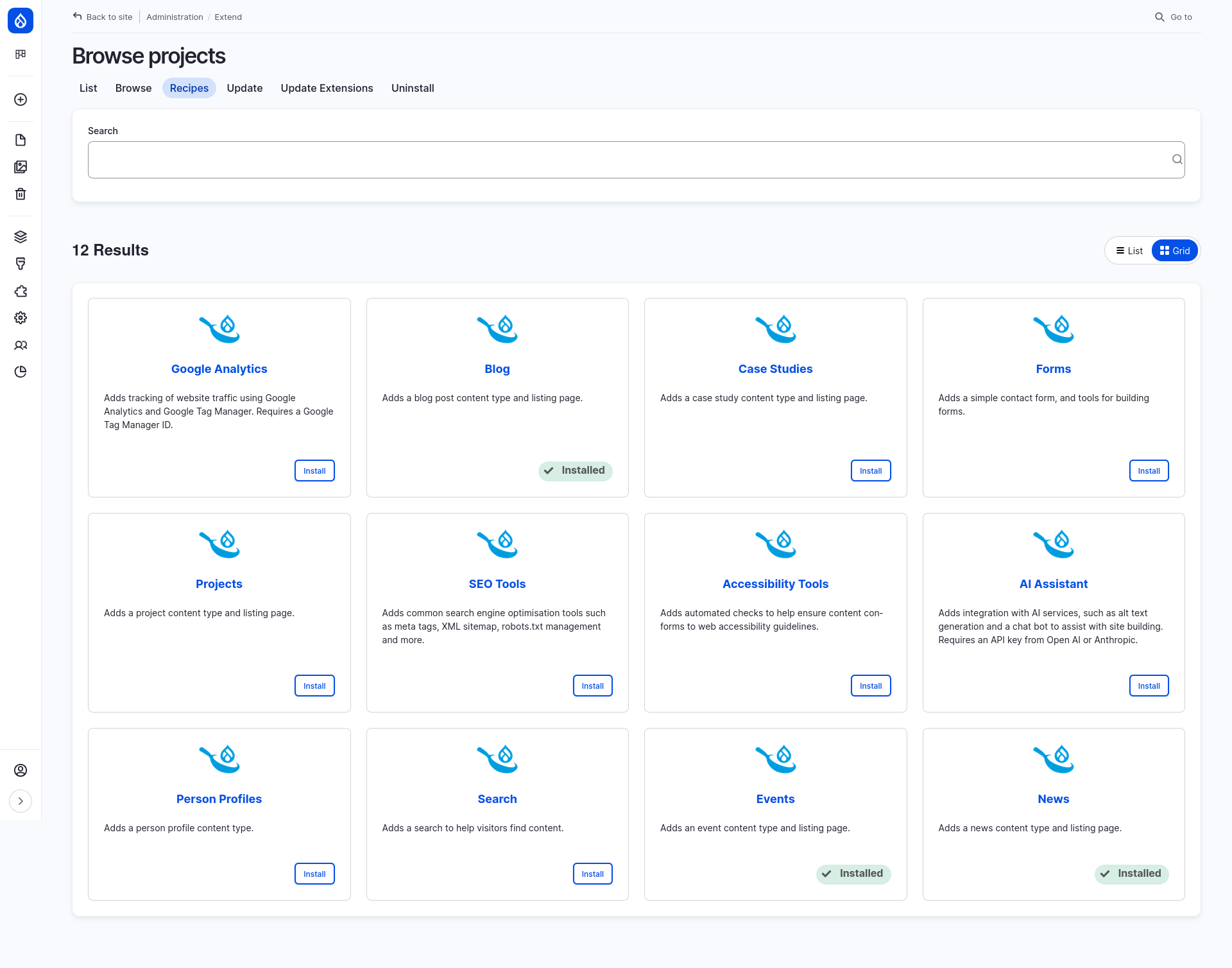 The Drupal CMS 'Browse projects' page under the 'Recipes' tab displaying installable recipes like Google Analytics, Blog, Case Studies, Forms, Projects, SEO Tools, Accessibility Tools, AI Assistant, Person Profiles, Search, Events, and News. Some modules, like Blog, Events, and News, are marked as 'Installed.'