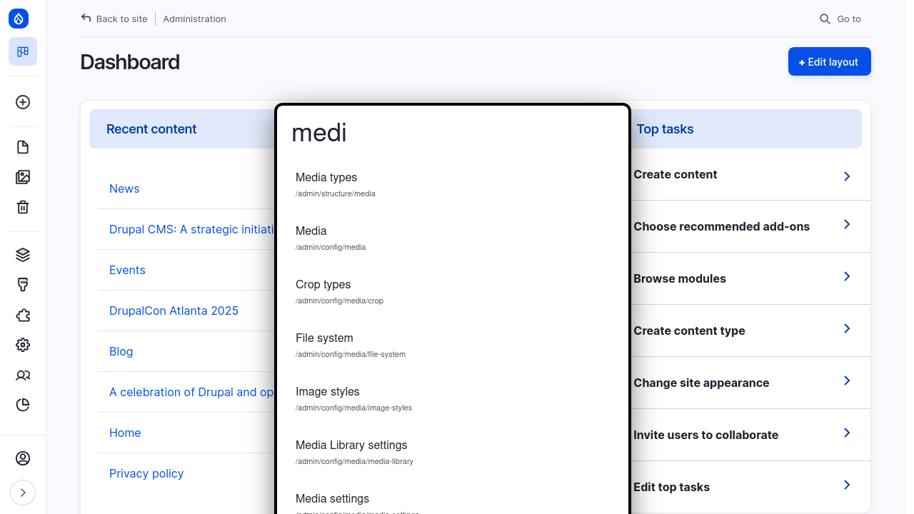 Drupal admin screen with a search bar actively displaying autocomplete suggestions for the string 'medi,' including options for navigation to pages like Media types, Media, Crop types, File system, and more.