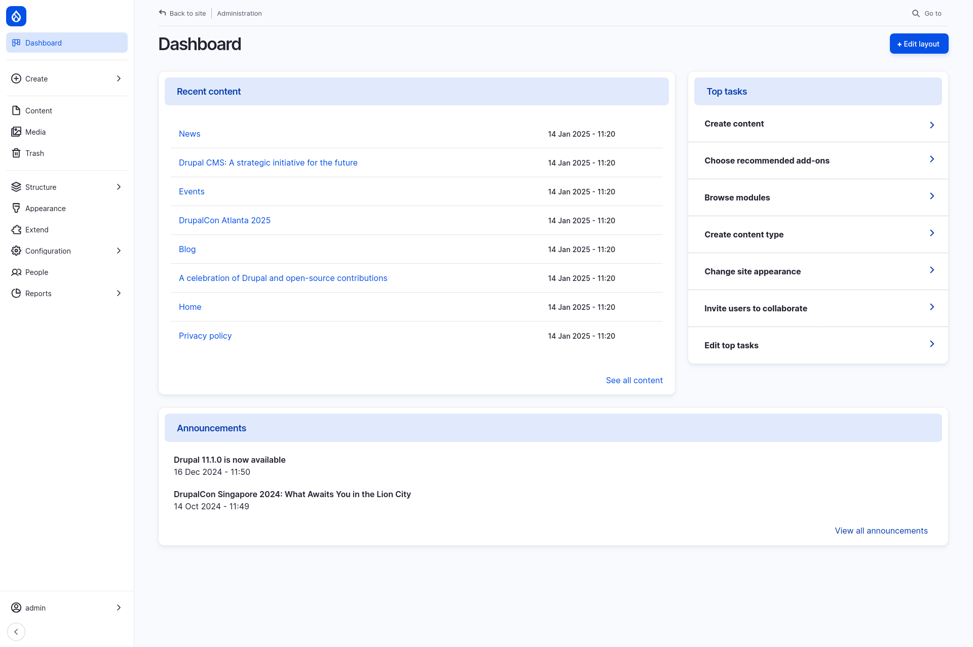 The Drupal CMS administration dashboard displaying 'Recent content' and 'Top tasks.' Recent content includes items like 'News,' 'Events,' and 'DrupalCon Atlanta 2025.' Top tasks include options like 'Create content,' 'Browse modules,' and 'Change site appearance.' Announcements at the bottom highlight Drupal 11.1.0 release and DrupalCon Singapore 2024.
