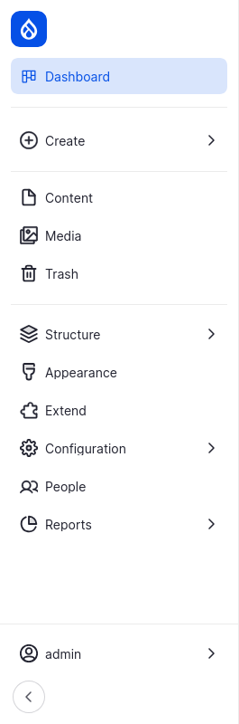 The Drupal CMS admin toolbar menu featuring navigation options: Dashboard, Create, Content, Media, Trash, Structure, Appearance, Extend, Configuration, People, and Reports. The user profile labeled 'admin' is shown at the bottom.