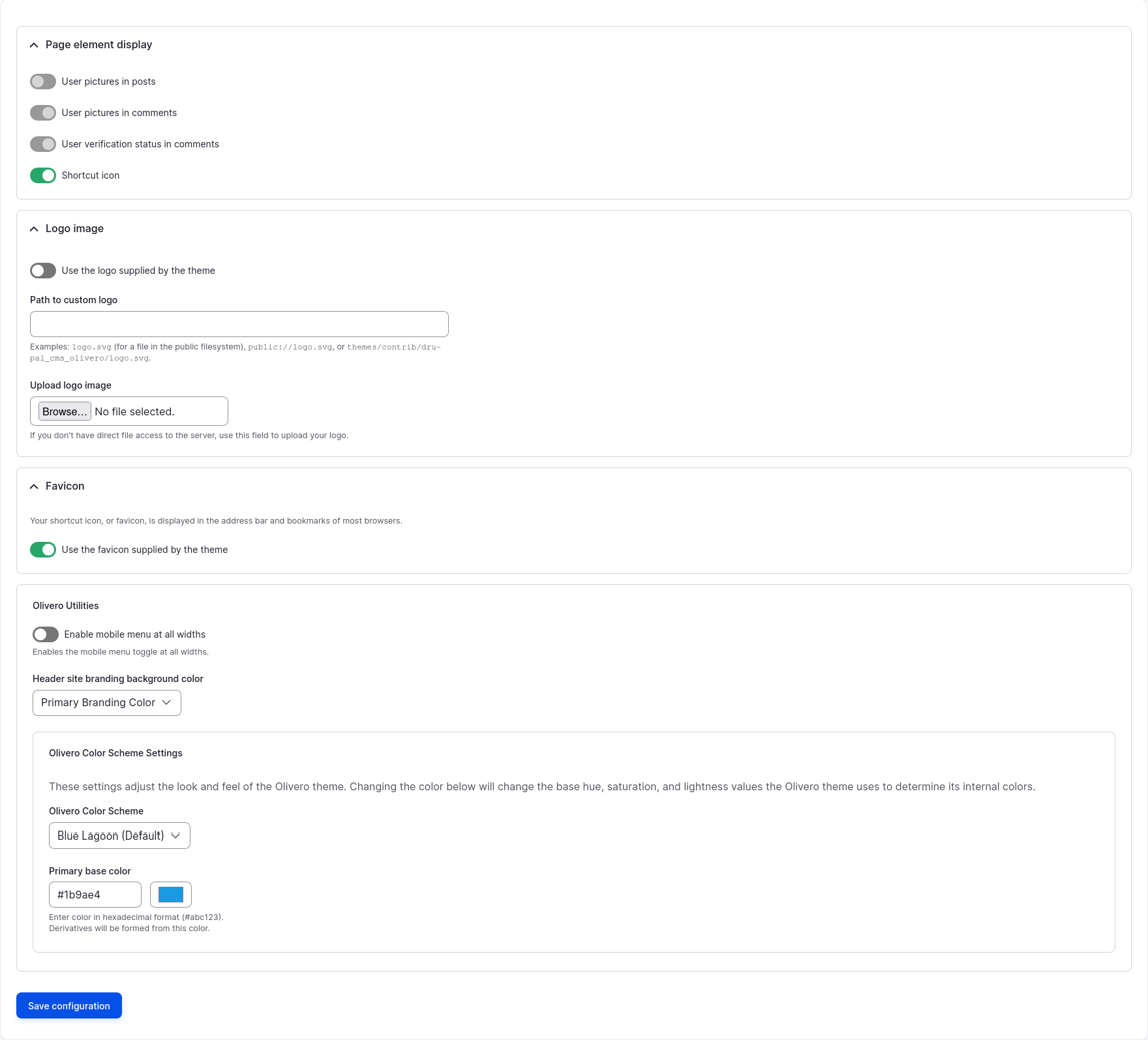 A form for customizing the settings for the Olivero theme, including toggles for page element display, logo image upload, favicon usage, mobile menu settings, and color scheme adjustments. The 'Olivero Color Scheme' is set to 'Blue Lagoon (Default)'. A 'Save configuration' button is at the bottom.