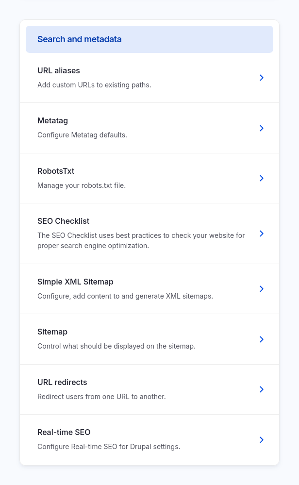 Portion of Drupal’s configuration overview page showing a section listing SEO-related tools such as URL aliases, Metatag, RobotsTxt, SEO Checklist, and various sitemap options.