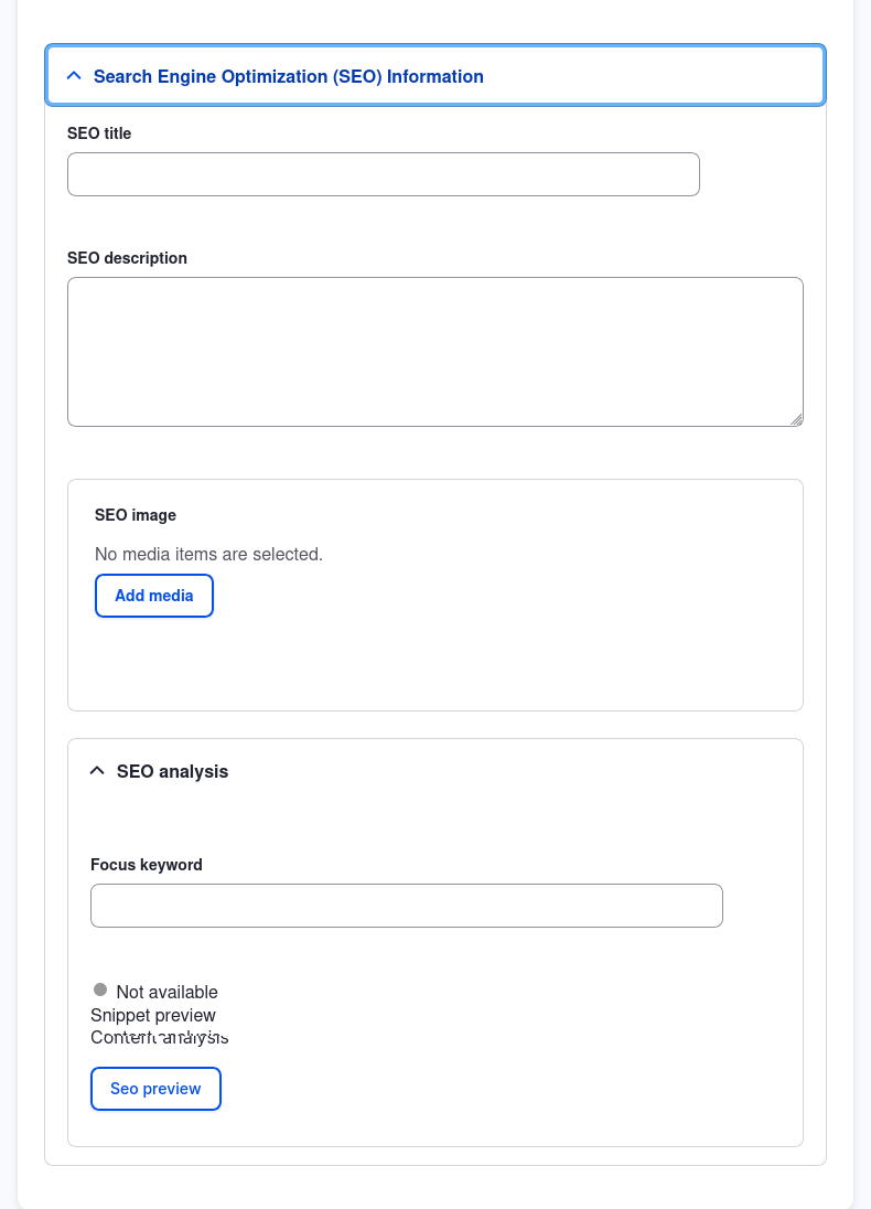 Bottom of a Drupal CMS content editing form show the SEO configuration fieldset with input fields for SEO title, description, image upload, and focus keyword entry, including a button labeled SEO preview.