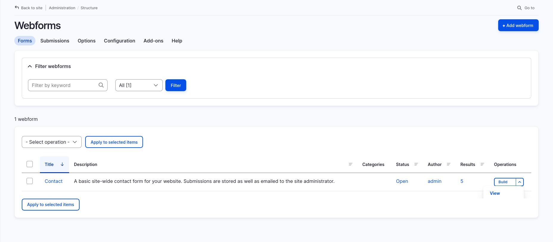 Admin interface listing available webforms. A single ‘Contact’ form is shown with options to view or build. The table includes columns for title, description, status, author, and number of results.
