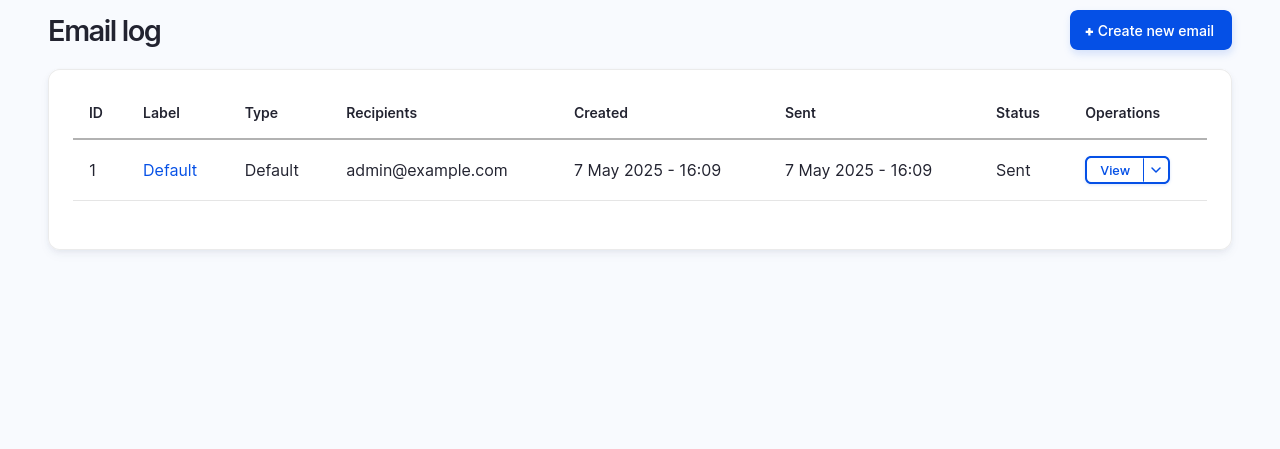 Admin page with table showing the email log report showing a sent message labeled ‘Default’ with recipient email, date, and status.
