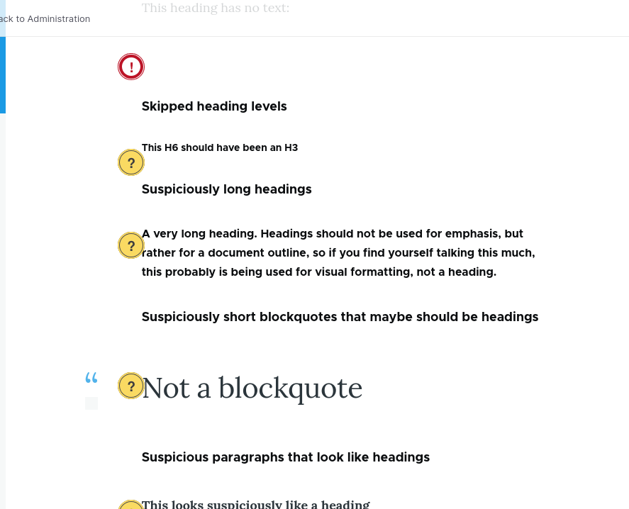 Pop-up explanation in ed11y checker describing a skipped heading level issue, with guidance on fixing the heading structure and links to page and layout editors. 
