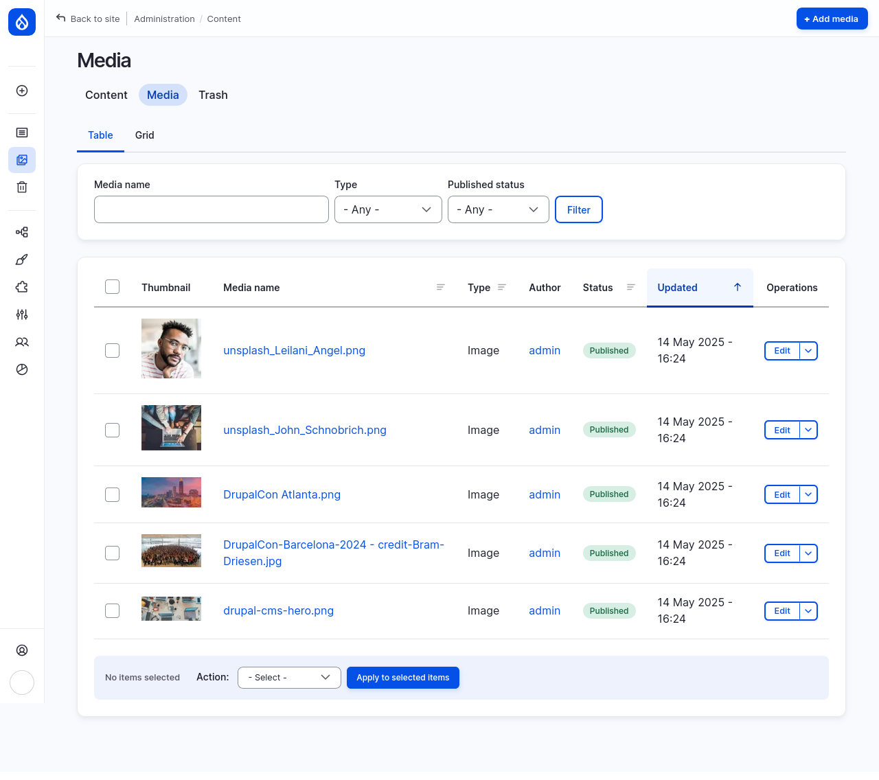 Drupal CMS content admin “Media” tab (table view) displaying uploaded images with thumbnails. Each row includes media name, type, author, publication status, last updated date, and edit options.