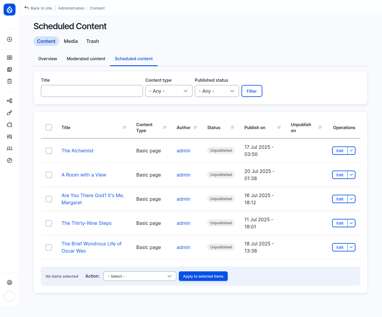 Drupal CMS content admin “Scheduled content” tab displaying a list of unpublished basic pages with future publish and unpublish dates. Table columns include title, content type, author, publish date, unpublish date, and operations.
