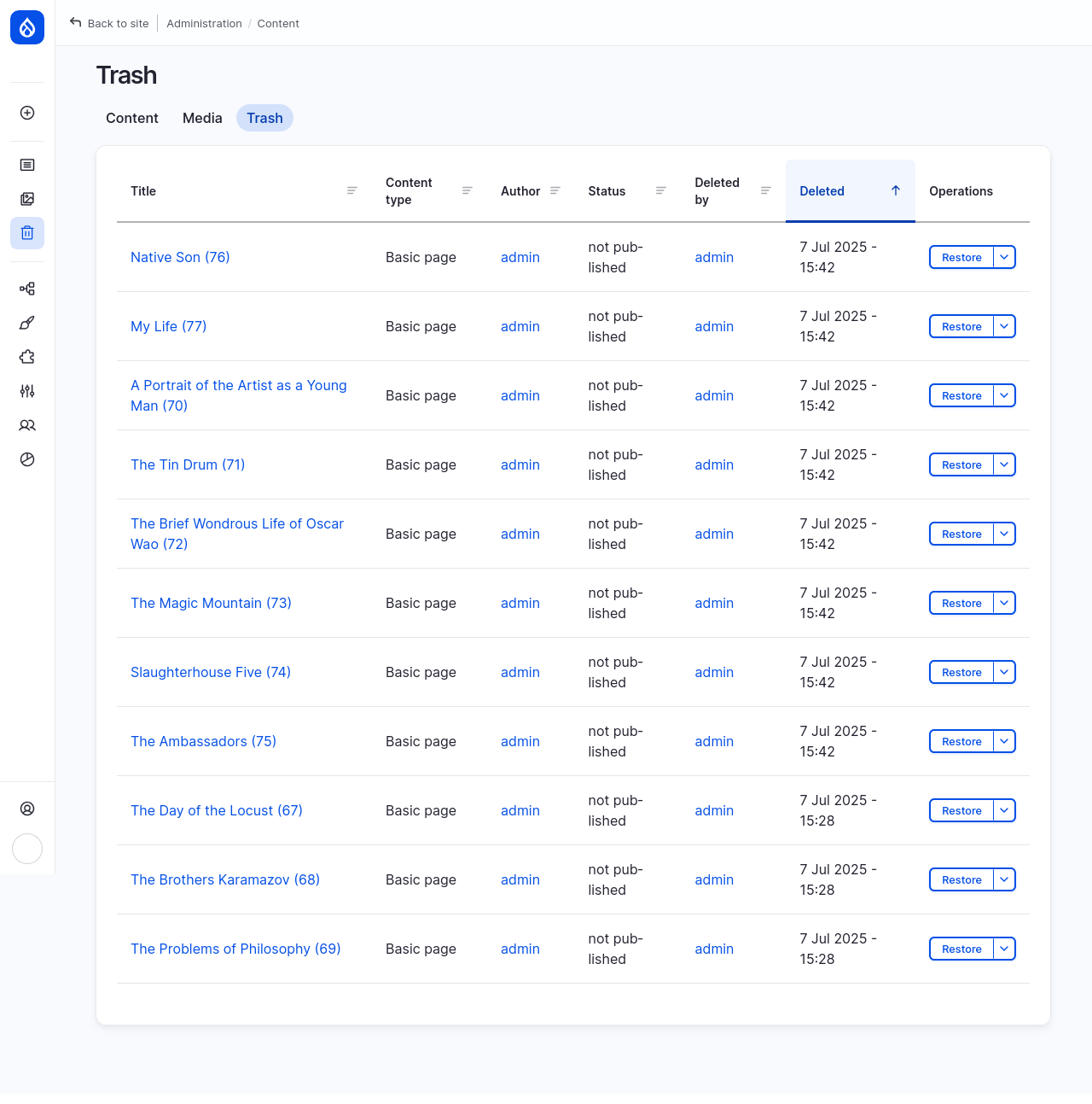 Drupal content admin “Trash” tab showing a list of deleted content items. UI includes a sortable table with columns for title, content type, author, status, who deleted the item, when it was deleted, and an “Operations” column with Restore buttons.