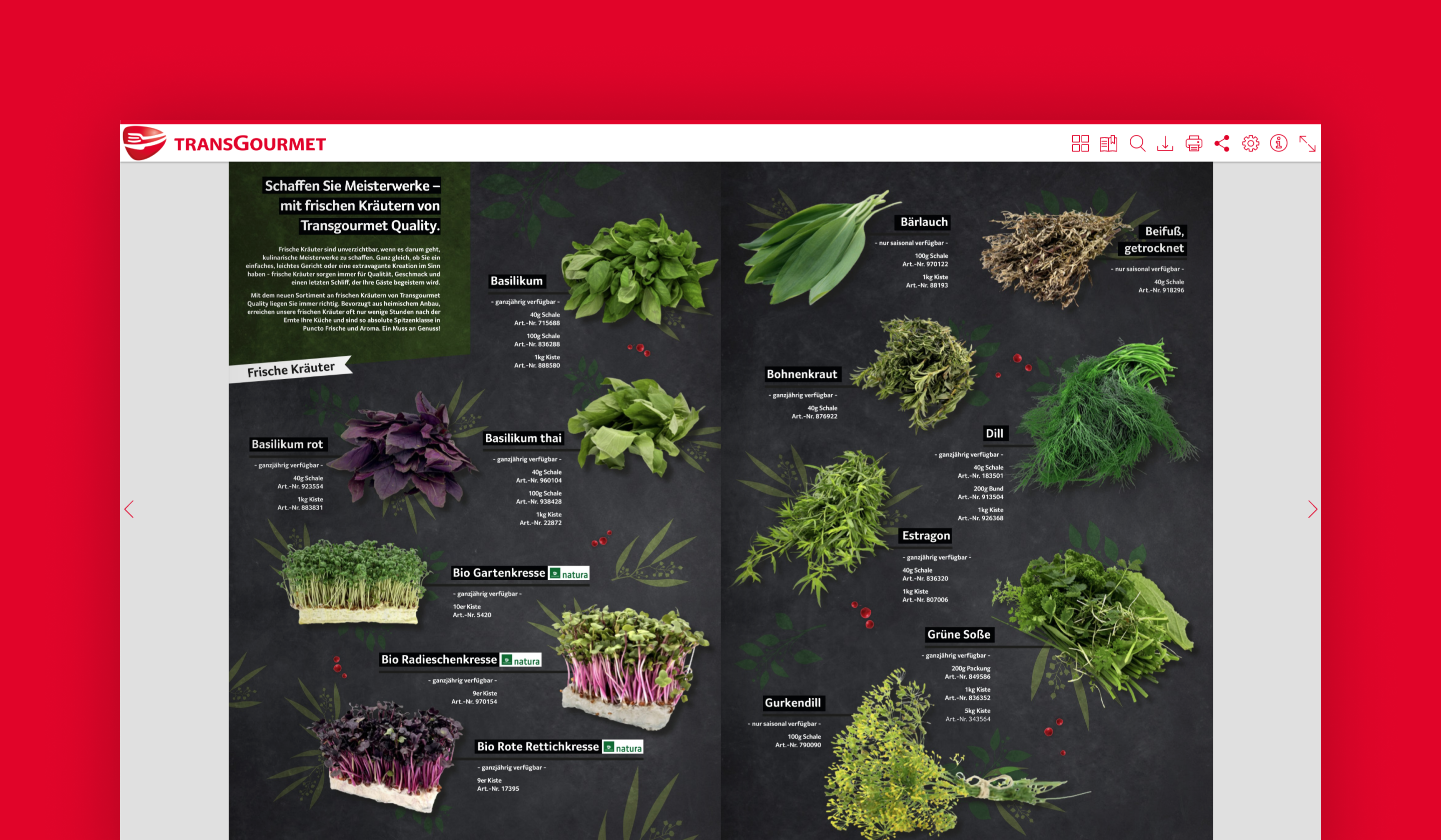Screenshot showing fresh ingredients from the Transgourmet website. 