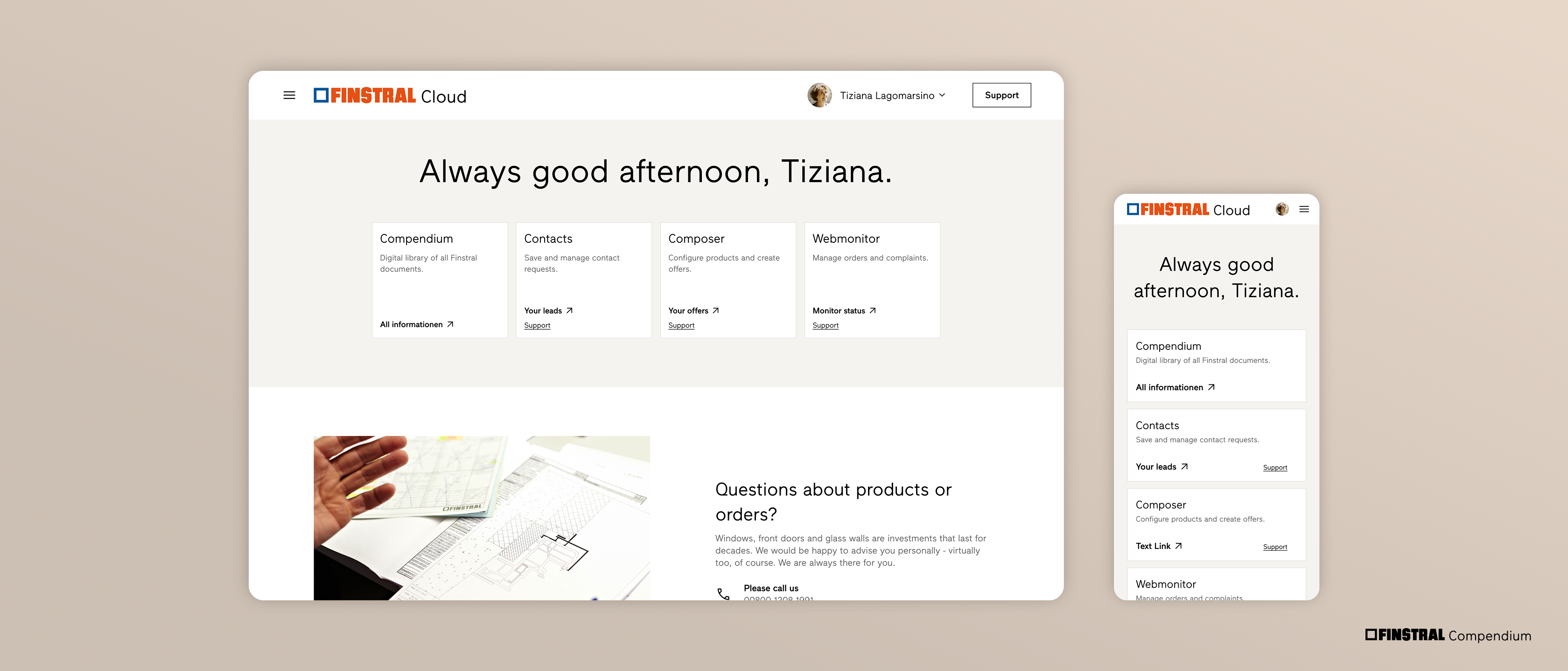 Visuals showing the web application Finstral Compendium