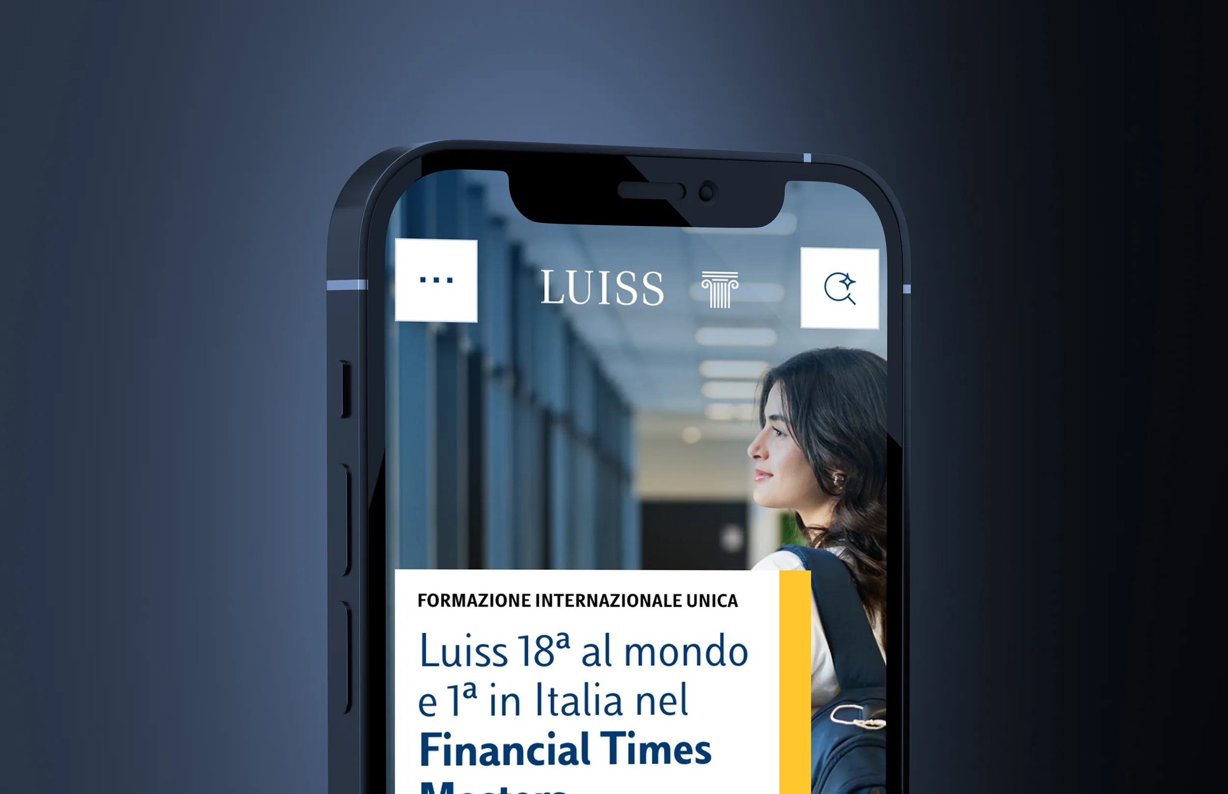 The mobile-first Luiss homepage shown on a smartphone