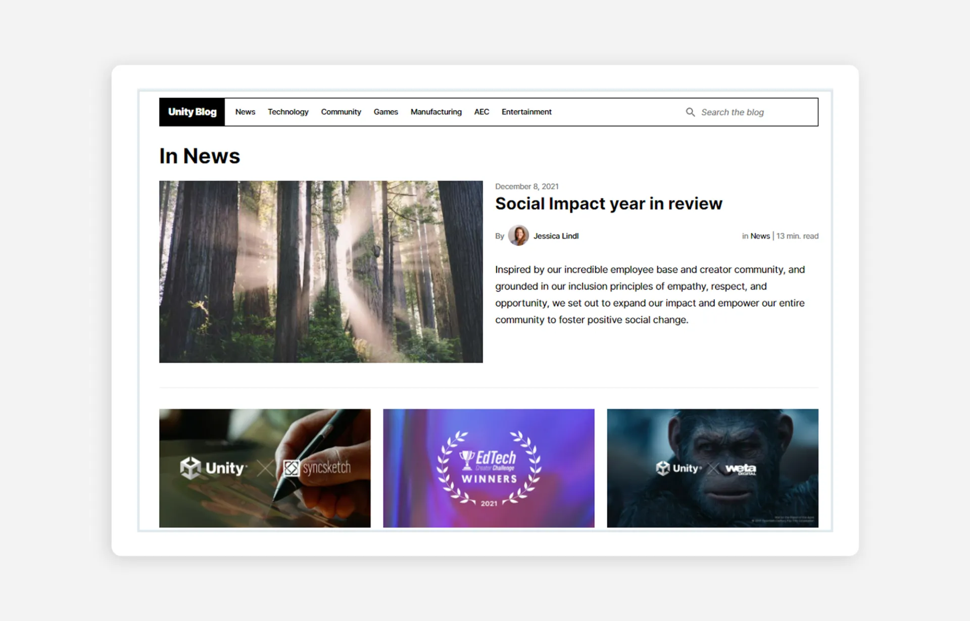 Screenshot showing the News page from the Unity blog.