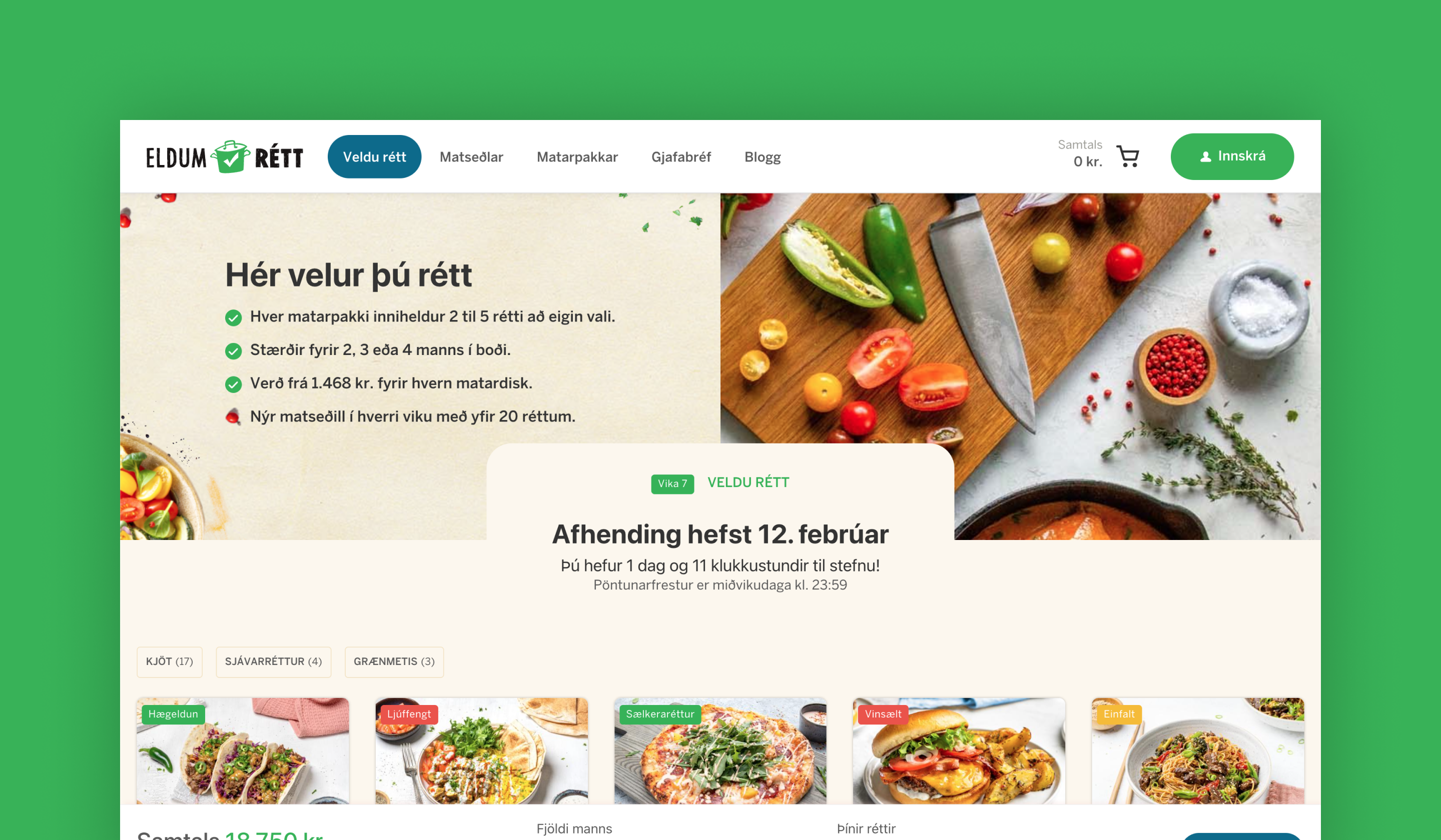 Screenshot showing different meal options. 