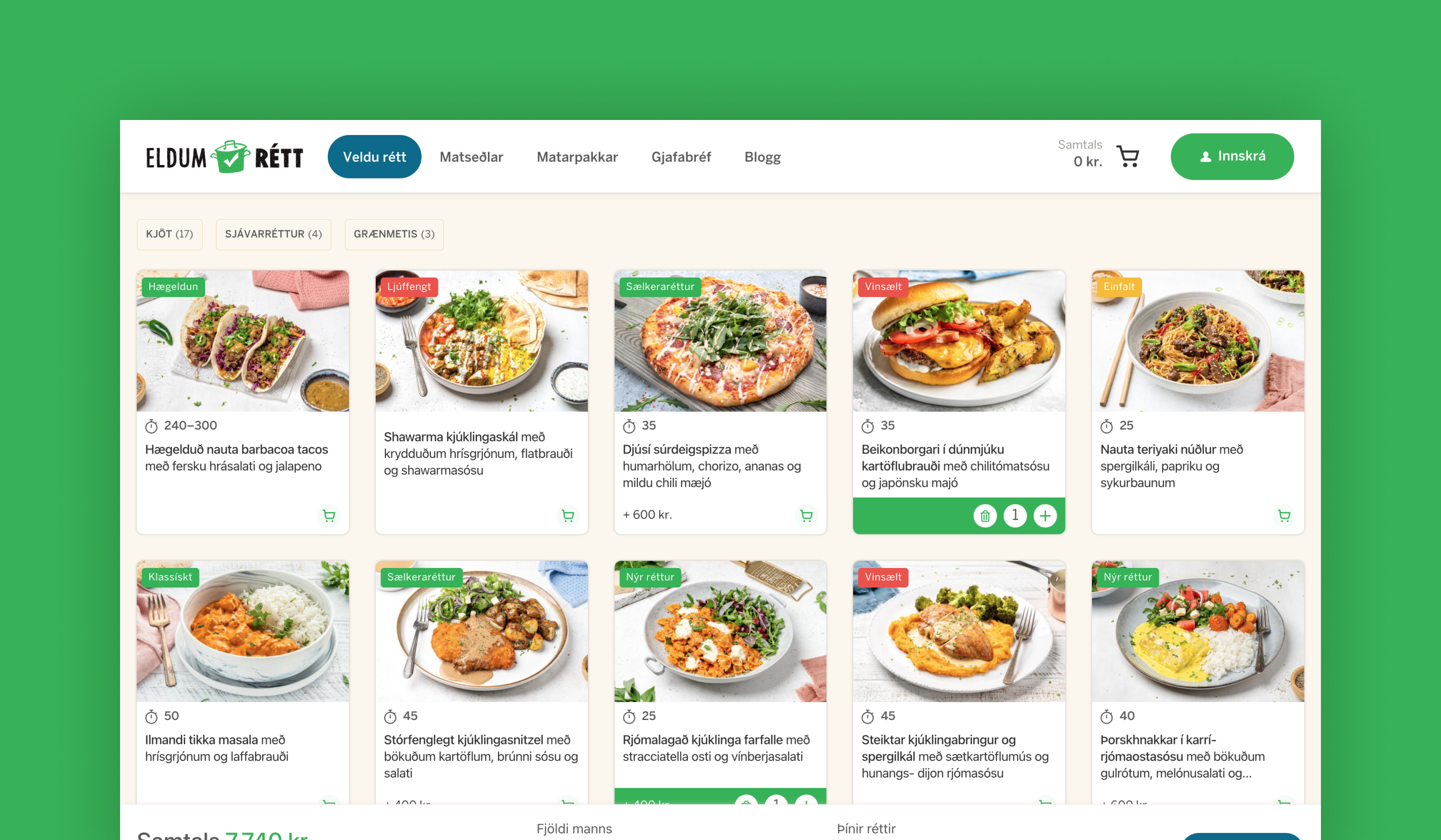 Screenshot of meal options overview page. 