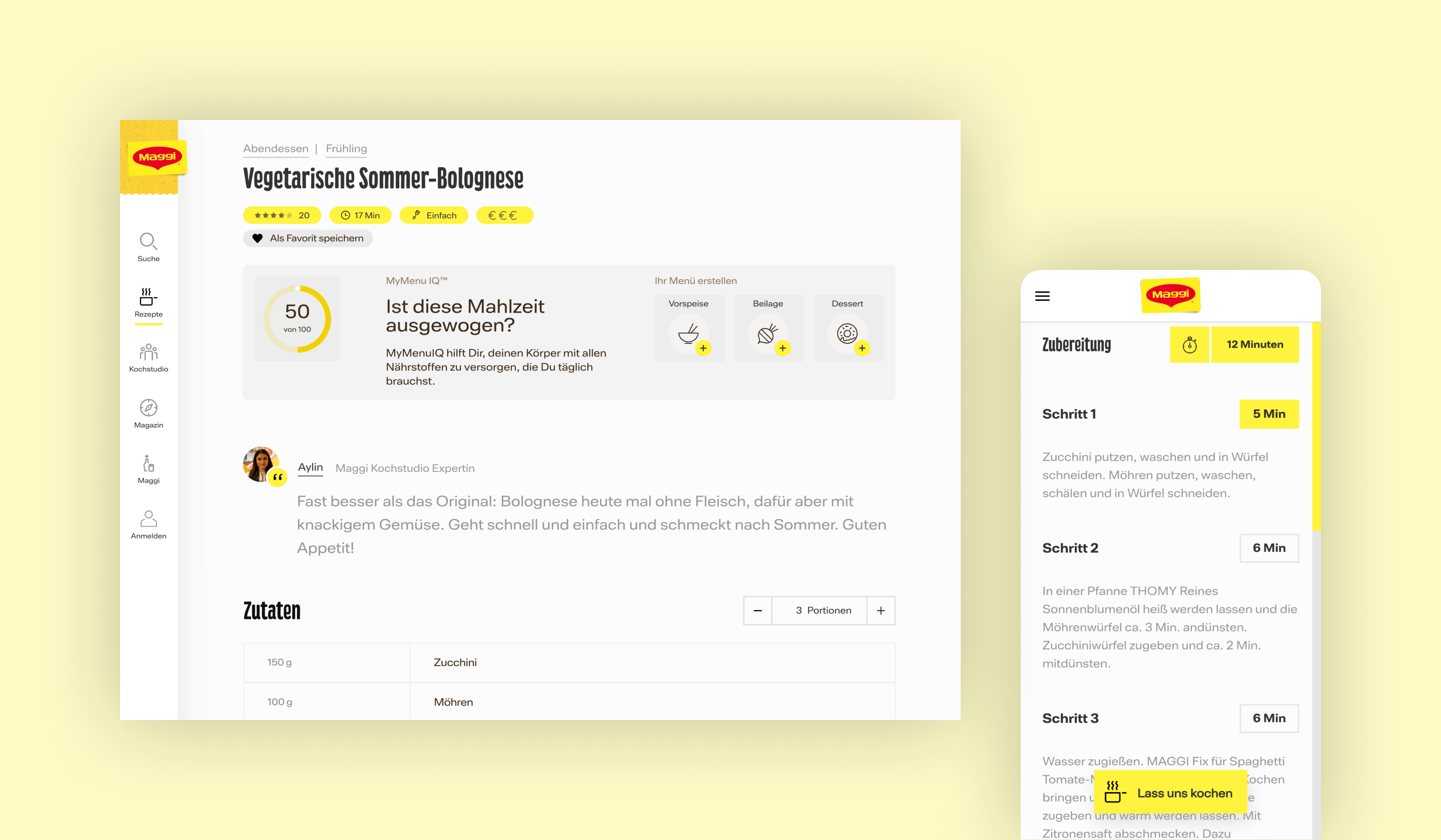 Recipe page as it is displayed on the web and mobile version of the Maggi.