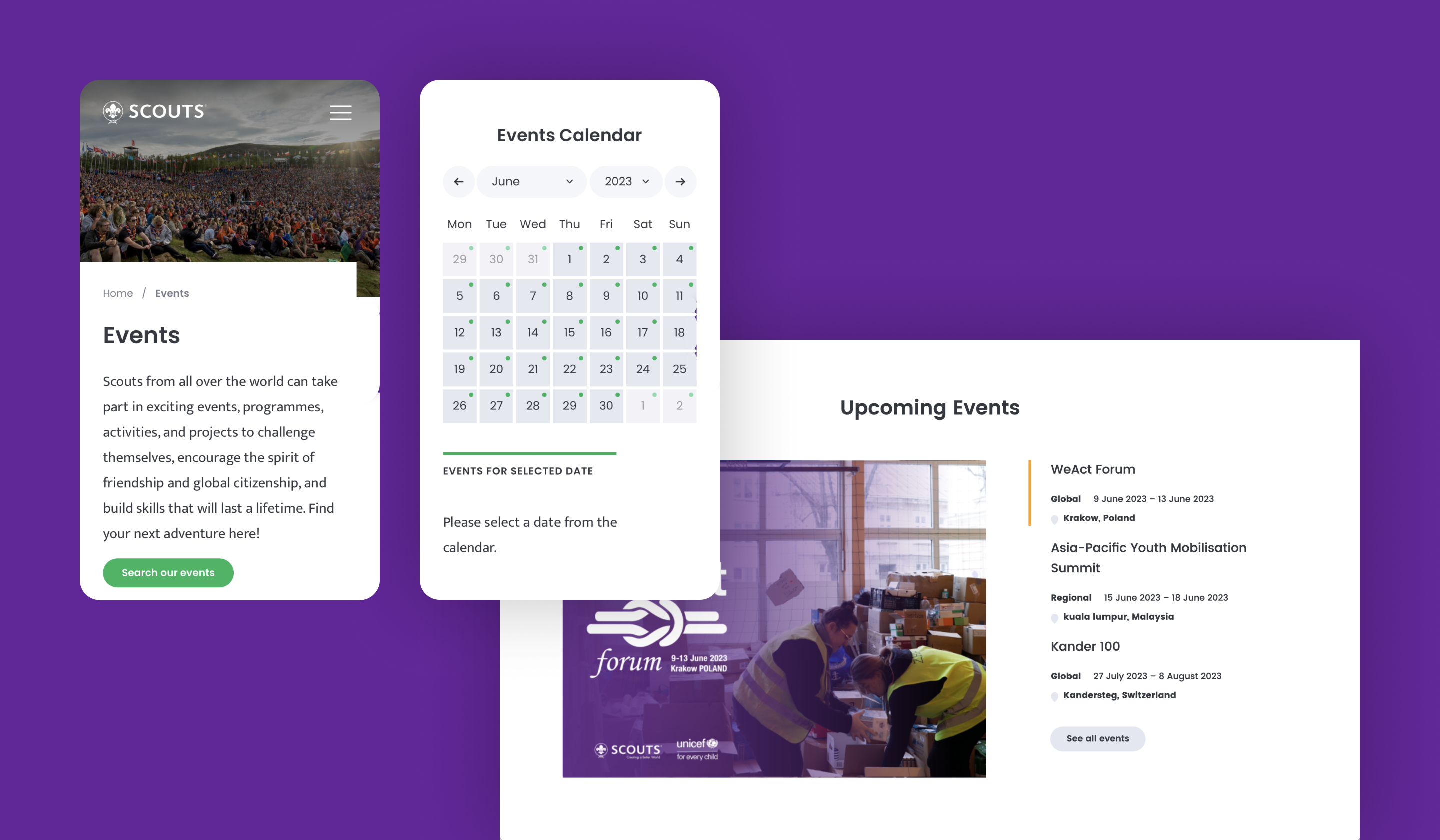 Screenshot of the Events page from the World Scouting website.