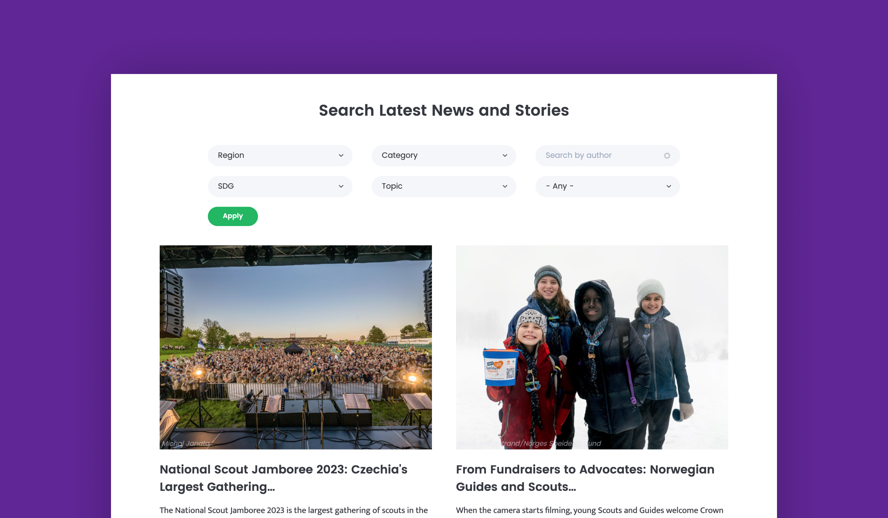 Screen shot of the News page on the World Scouting website. 
