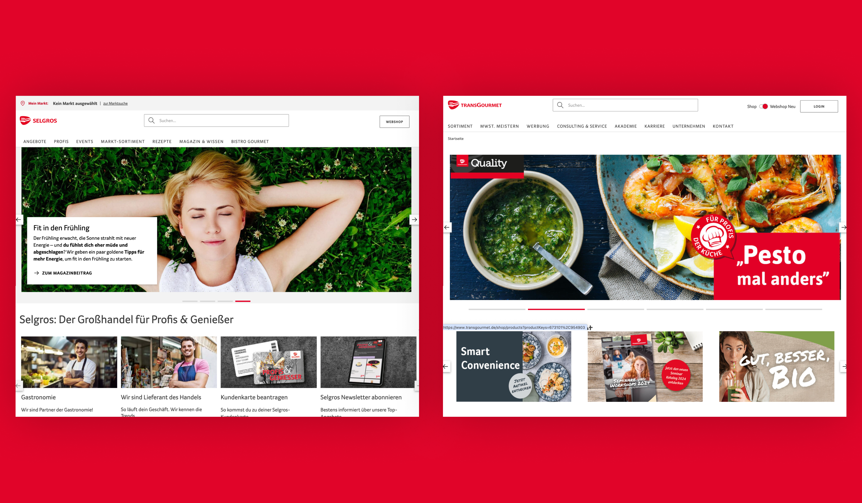 Screenshot of pages from the Transgourmet website.