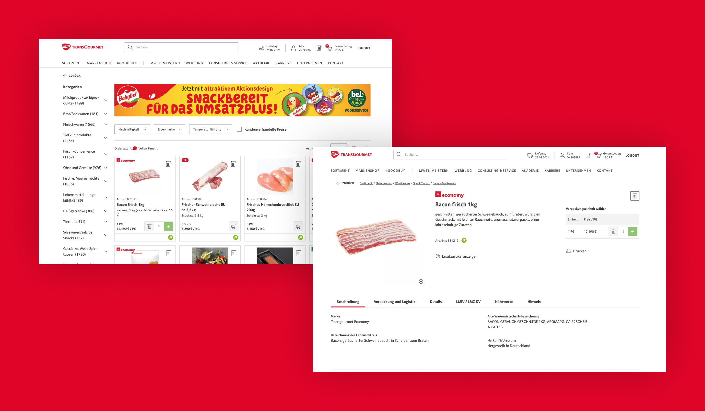 Screenshot showing product options in the Transgourmet website. 