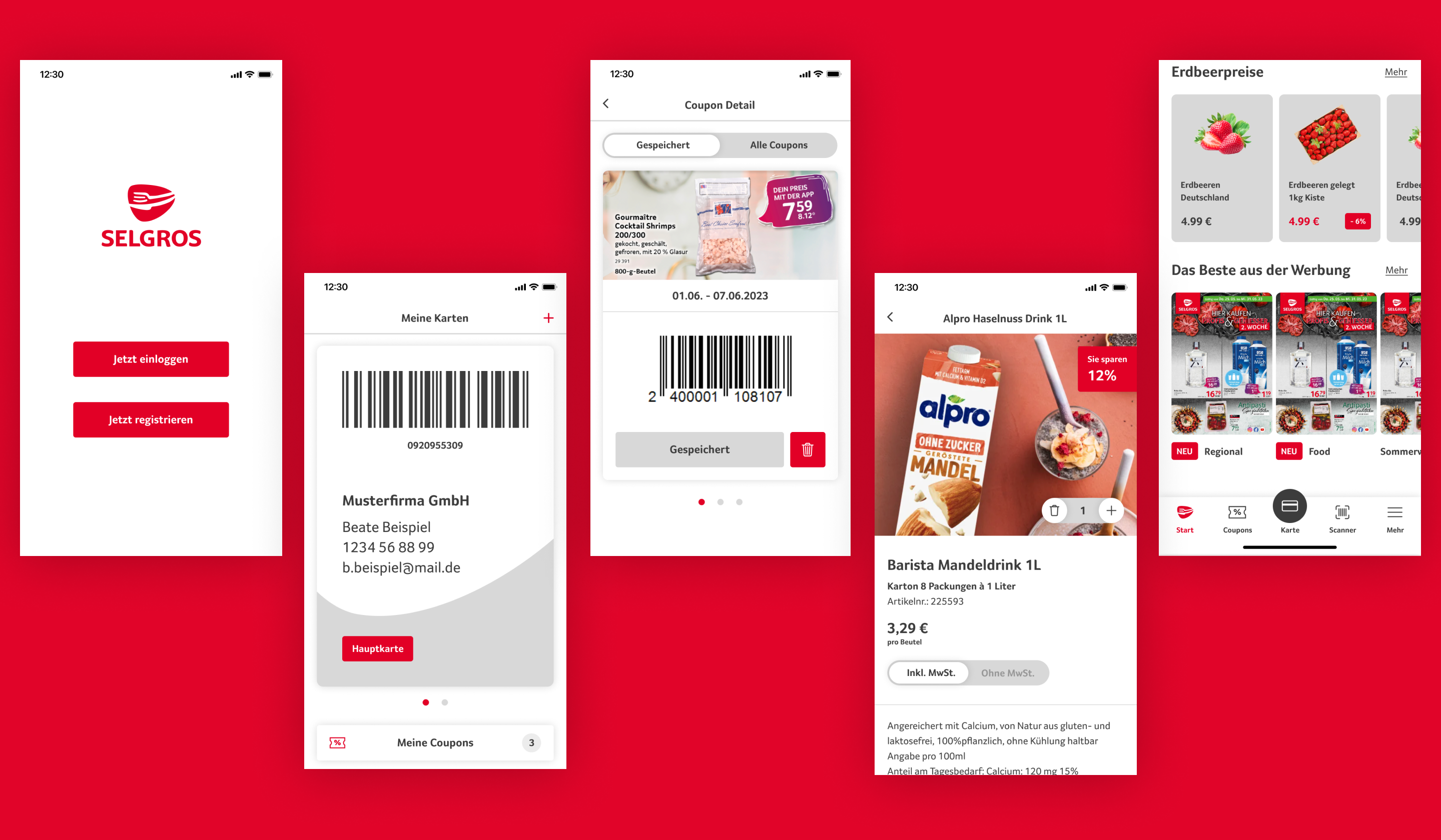 Screenshots showing the Transgourmet Segros native app on a mobiel device. 