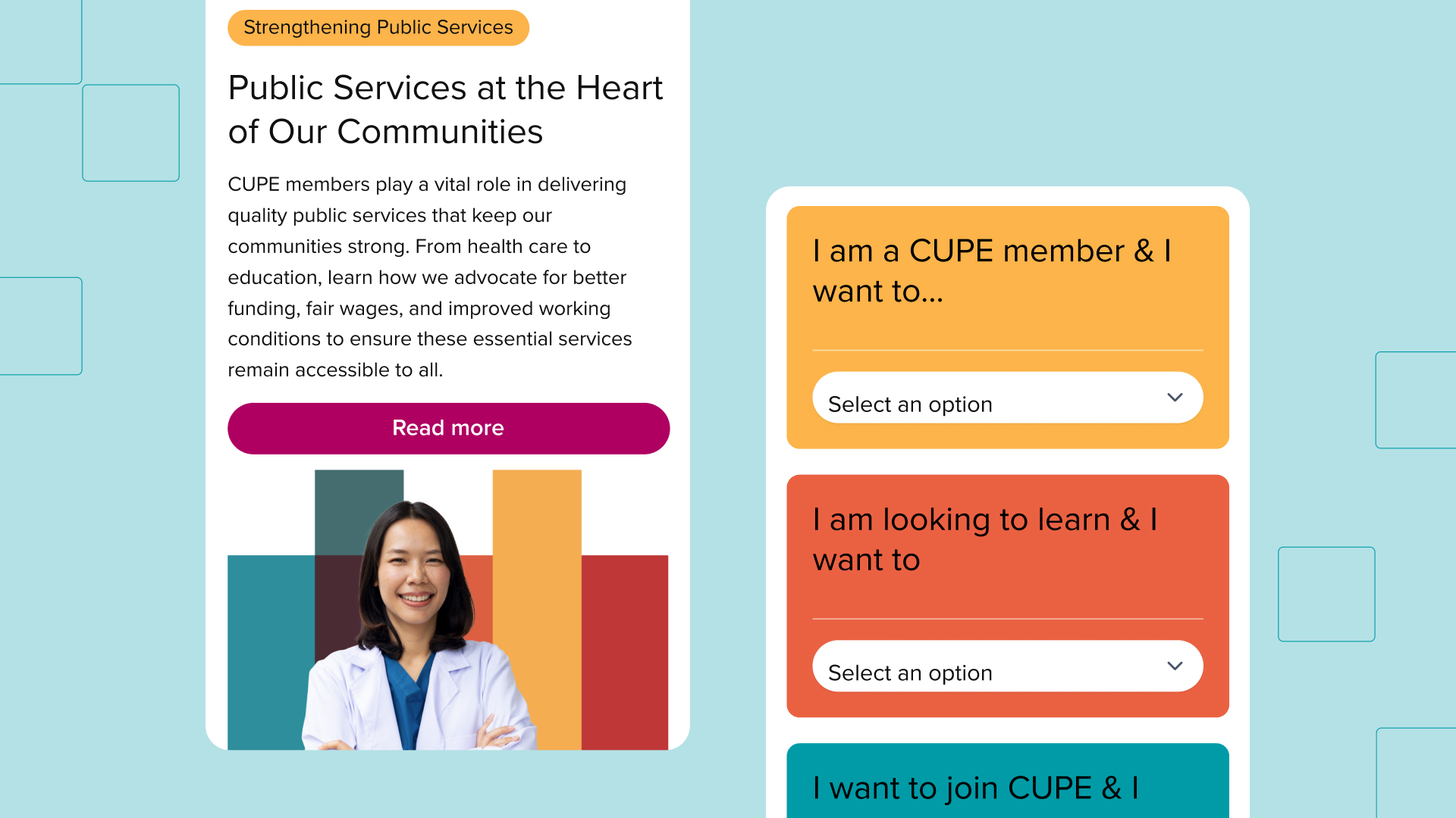 Mobile CUPE website layouts featuring a public services article with a health-care worker and dropdown menus that help users find relevant information.