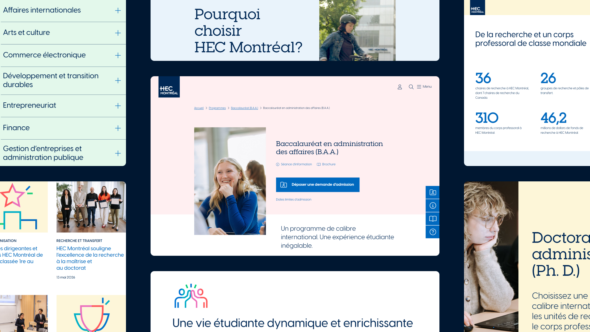 Collage of HEC Montréal website pages showing program information, research statistics, news cards, and navigation categories in a clean blue, white, and pastel design.