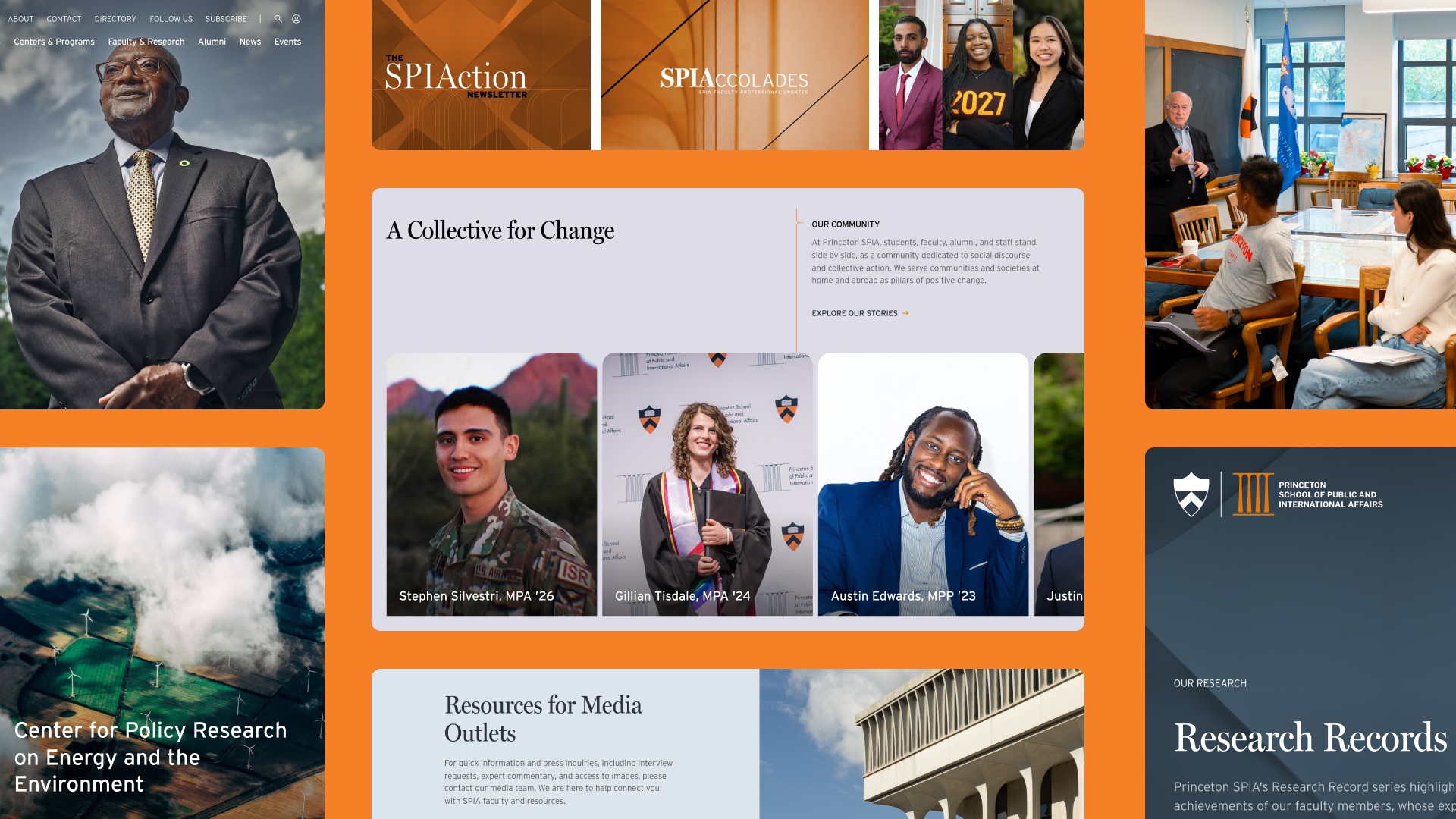 Princeton SPIA homepage with an orange background, featuring student and faculty portraits, research highlights, and academic program content in a card-based layout.