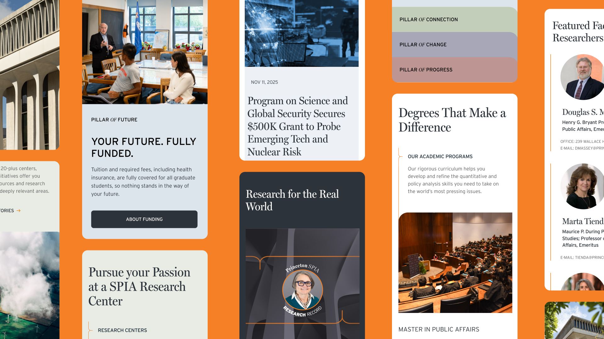 Princeton SPIA website section highlighting graduate programs, research initiatives, and faculty profiles in a modern grid layout with editorial photography.