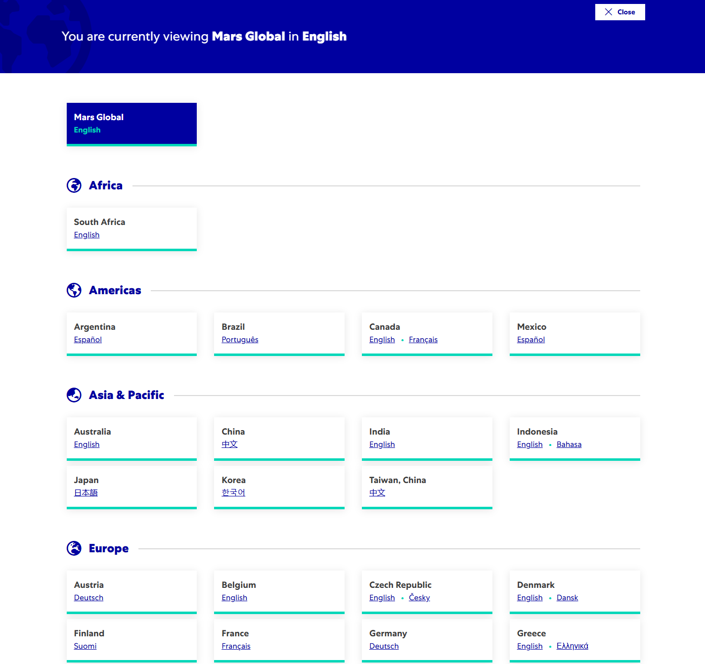 Global Market Selector menu