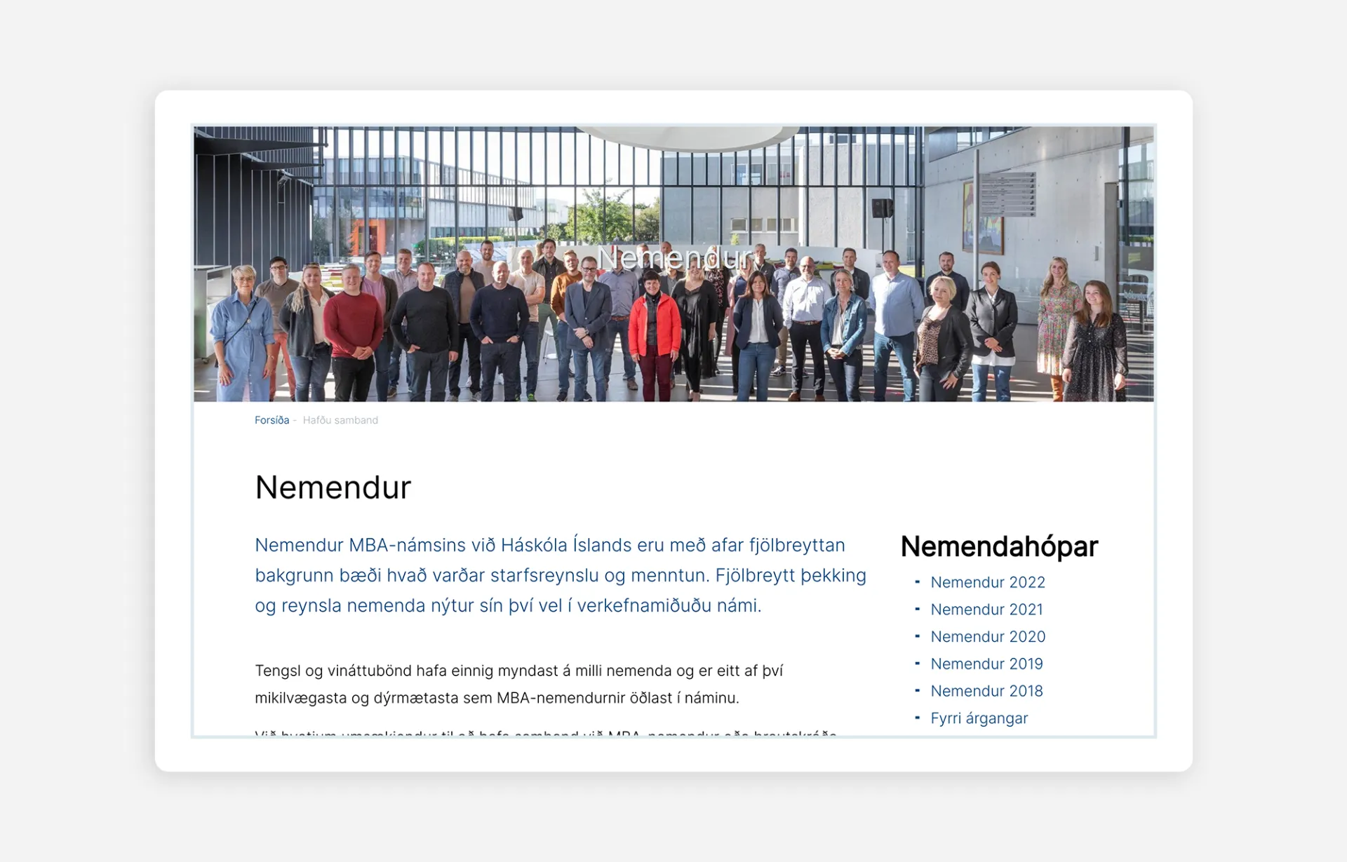 University of Iceland webpage showing a group of people standing in a room with large windows. 