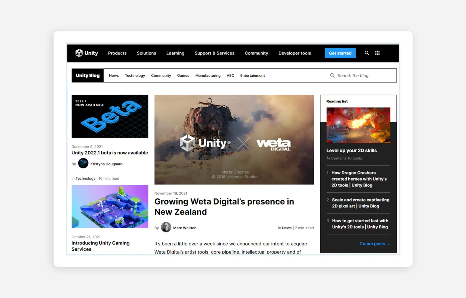 screenshot of a page from the Unity blog 