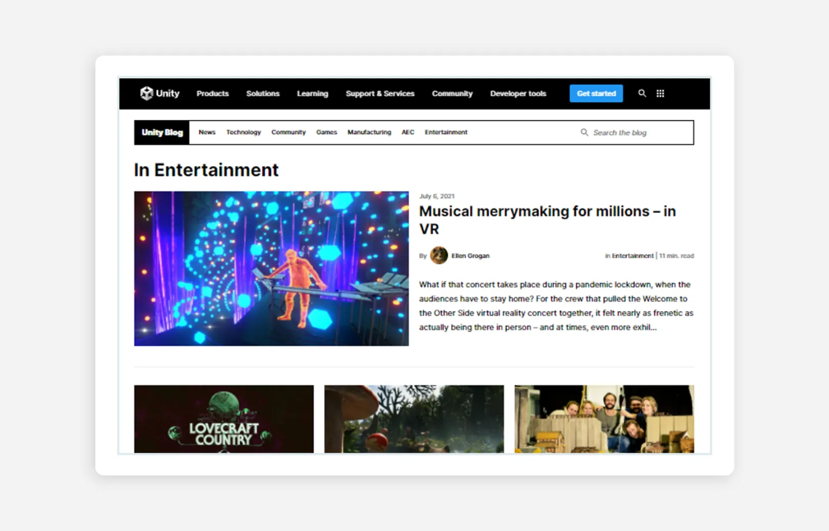 screenshot showing a page form the Unity blog 