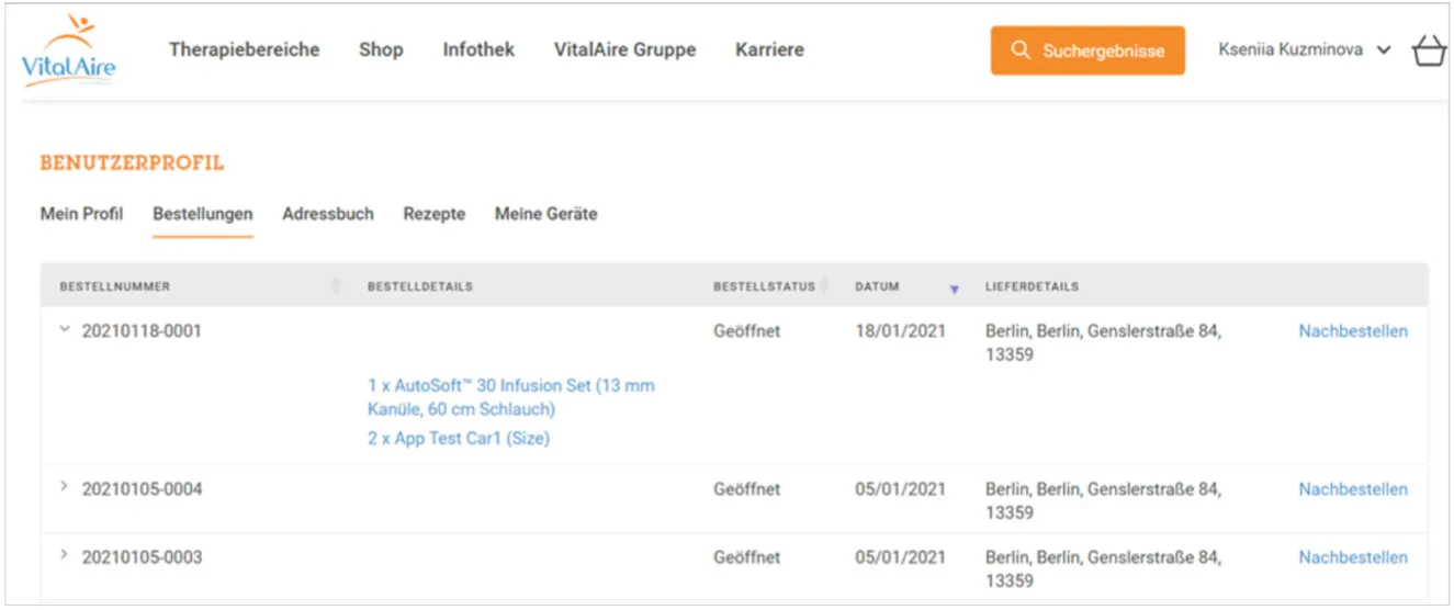 Screen of profile's previous orders