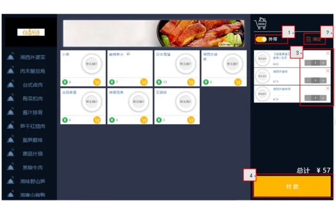 Self-service POS machine: menu and cart
