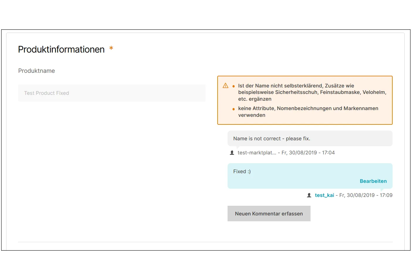 Product creation process: Field notification with commenting threads (vendor view)