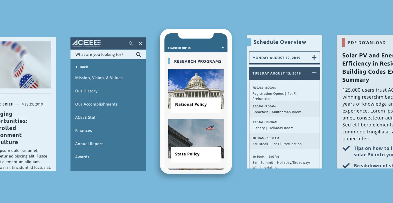 Various pages of ACEEE site on mobile view