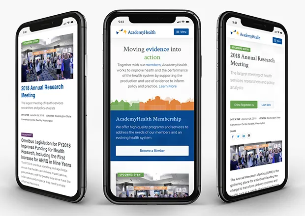 AcademyHealth homepage on cell phone