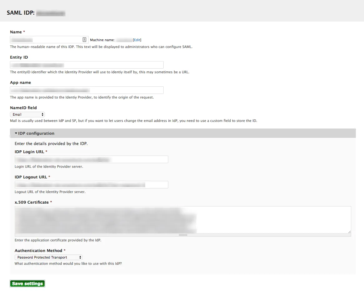 Drupal 7 SAML module configuration page