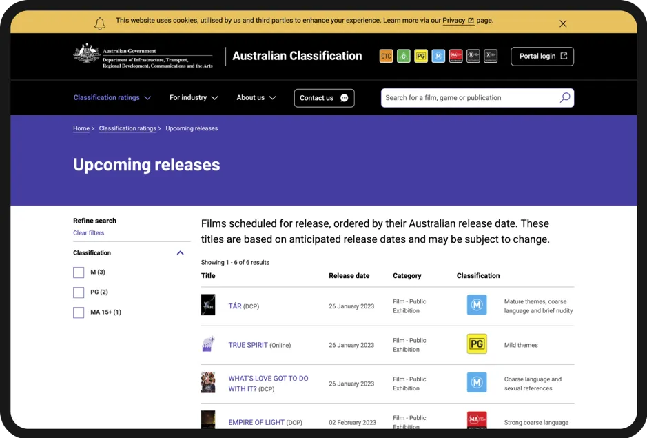 Screenshot of the upcoming releases section of the classification.gov.au website. On this page users can see the latest classification decisions and also filter by classification (e.g. G, M, MA 15+, etc.).