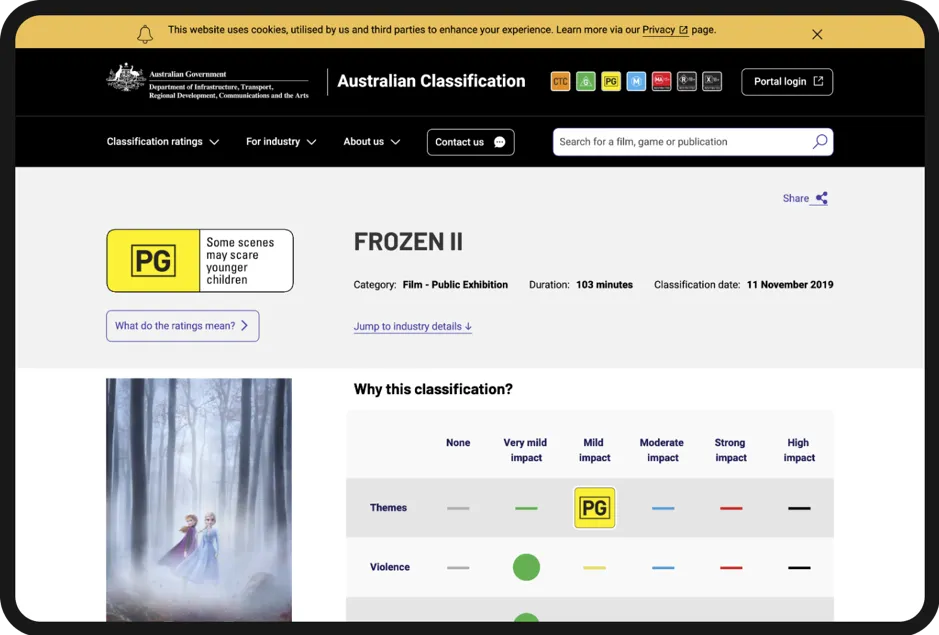 Screenshot showing the new site matrix, which provides an easy, visual way to find out more about a classification. The matrix shown is for Frozen 2. It covers where different aspects of the film sit in terms of theme, violence, etc. as well as the overall rating of PG (parental guidance).