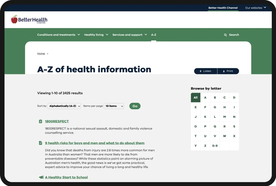 Screenshot of the Better Health Channel's A-Z of health information, showing a listing style page with the ability to browse by letter (or number) via a customised right-hand panel.