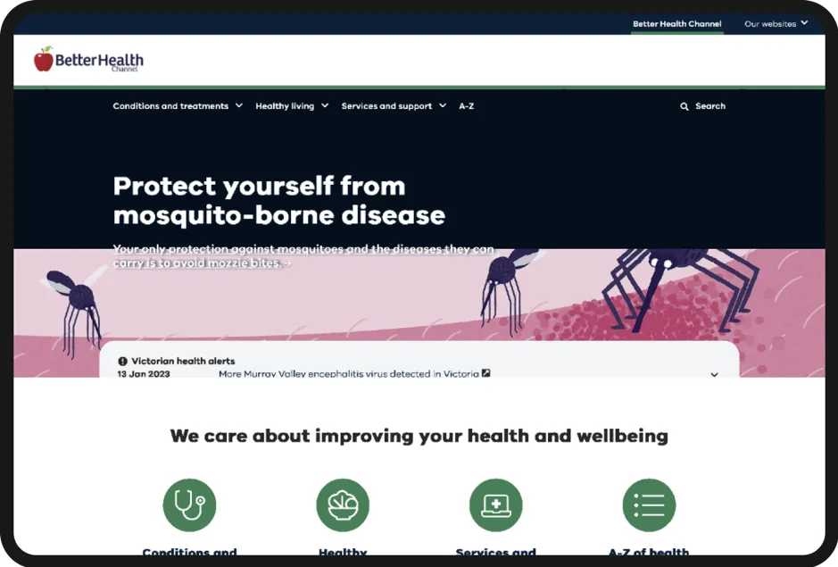 Image of the homepage from Victoria's Better Health Channel.