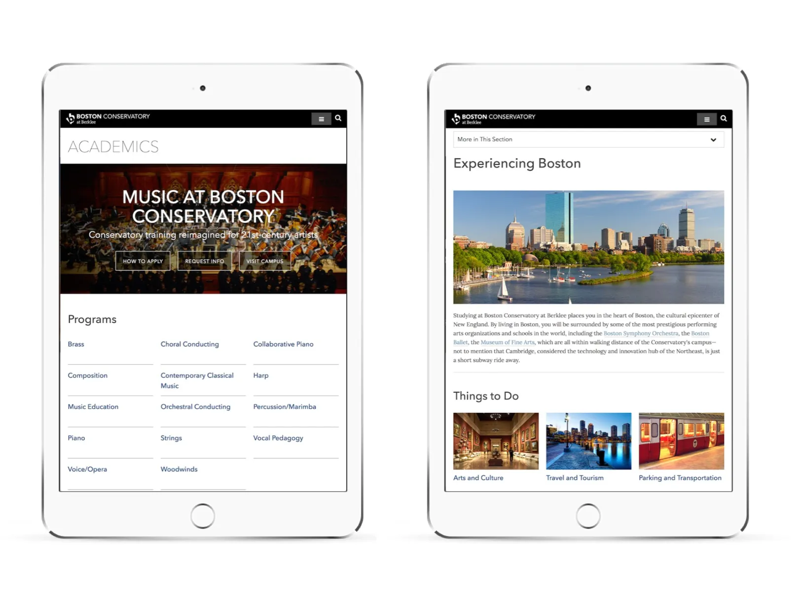 Screenshots from OHO Interactive's work on The Boston Conservatory at Berklee website