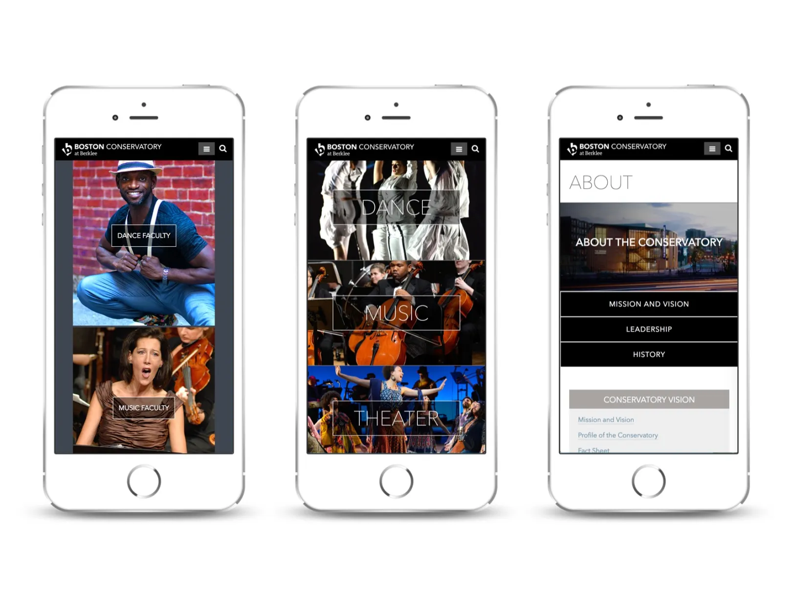 Screenshots from OHO Interactive's work on The Boston Conservatory at Berklee website