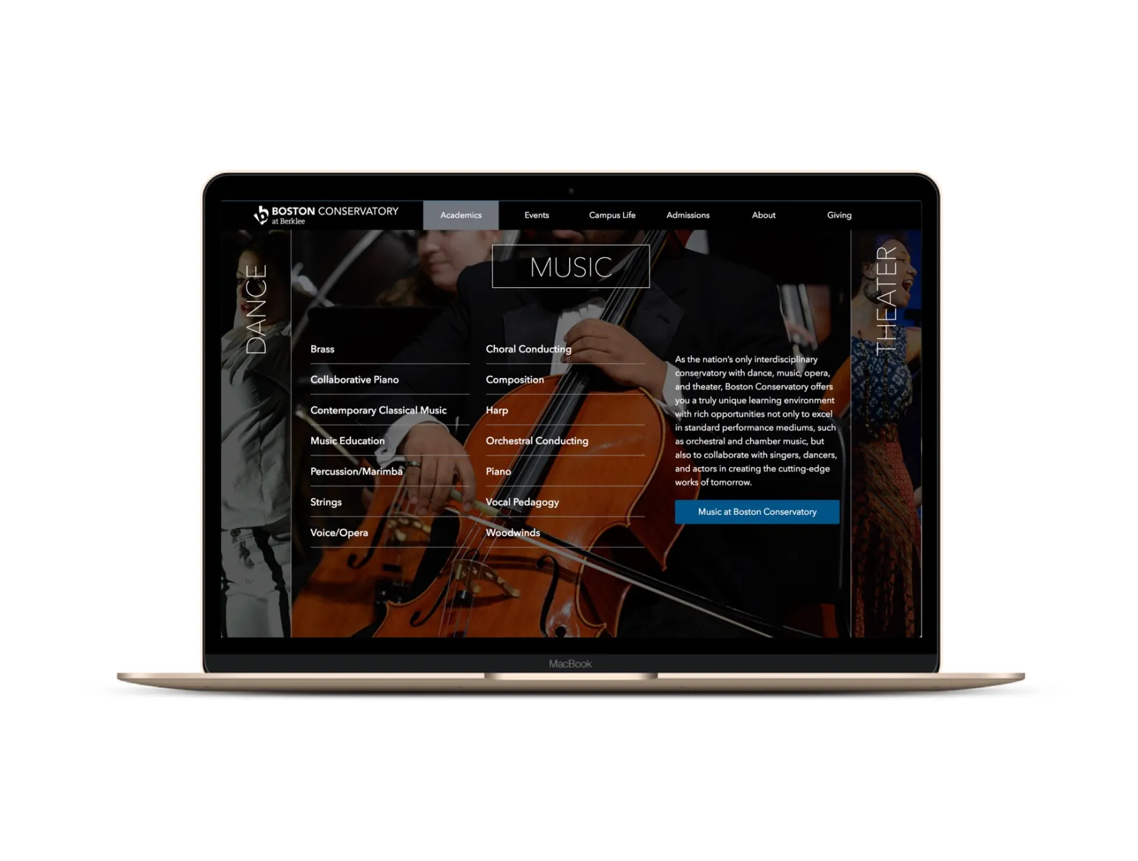 Screenshot from OHO Interactive's work on The Boston Conservatory at Berklee website