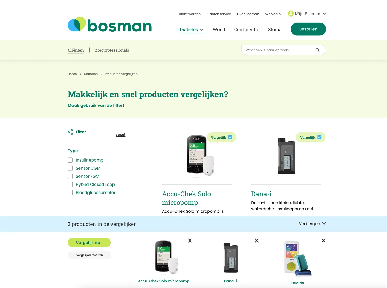 Screenshot of Bosman.com website with diabetespumps offering