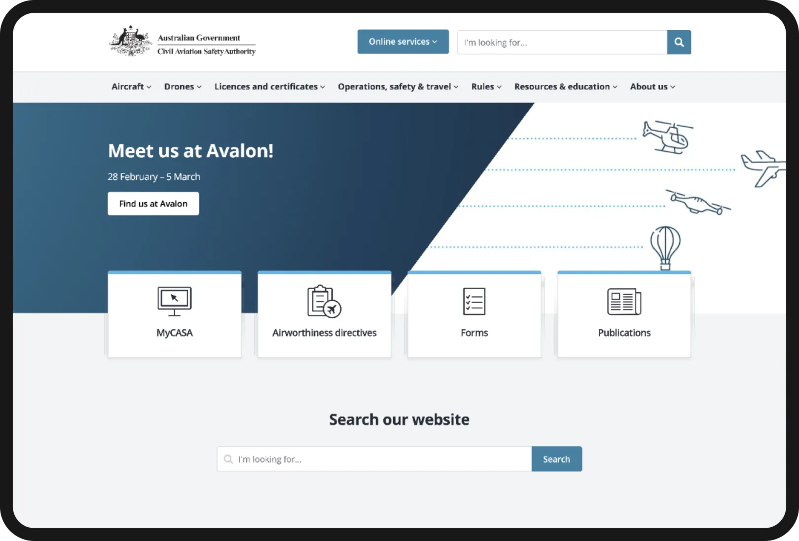 Screenshot of the CASA website homepage