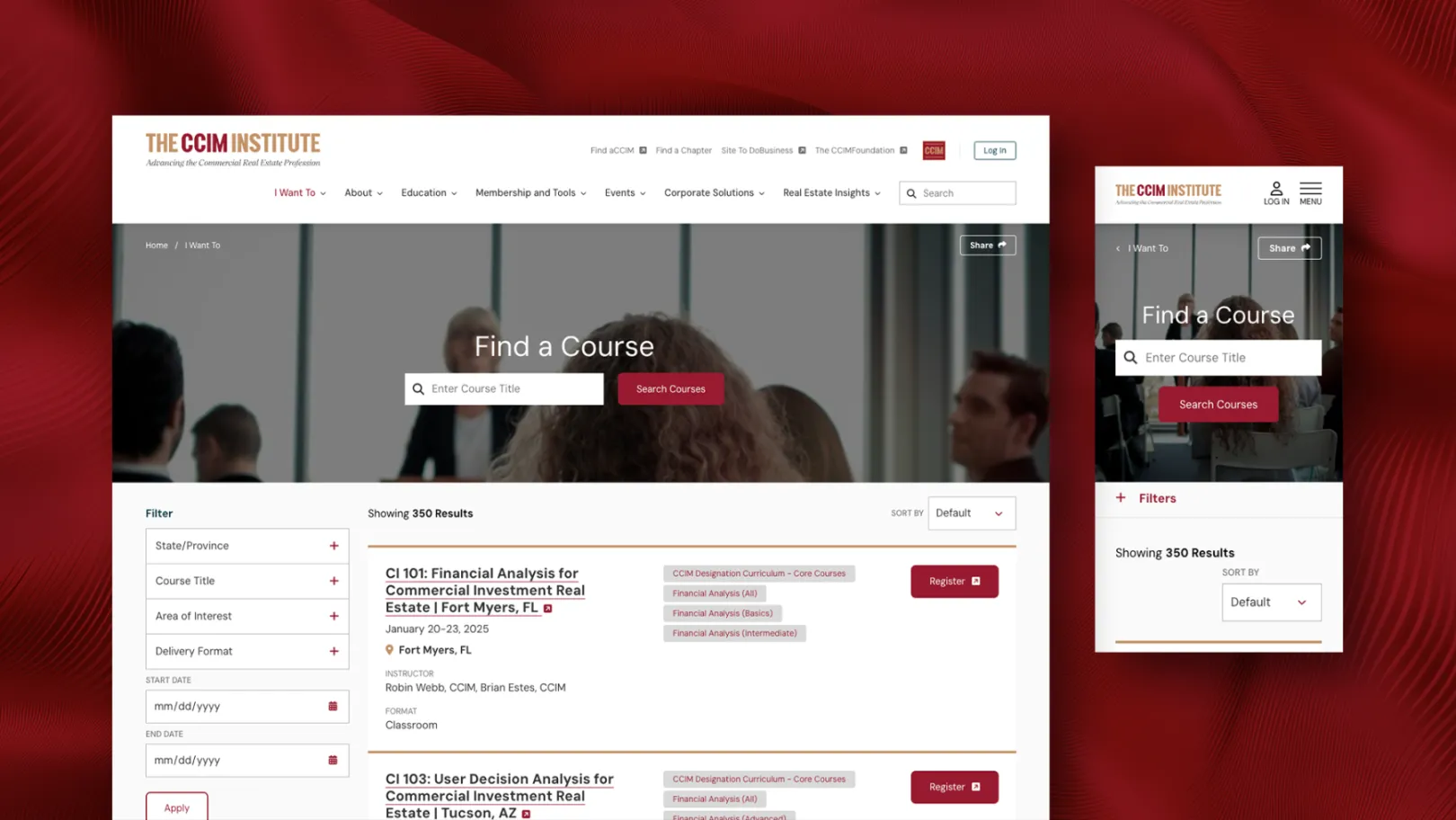 Screenshot of CCIM's Find a Course page featuring dynamic filters