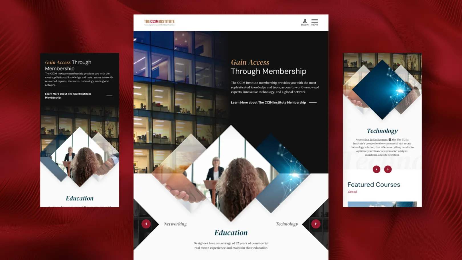 Screenshot of CCIM's member value carousel with diamond shapes